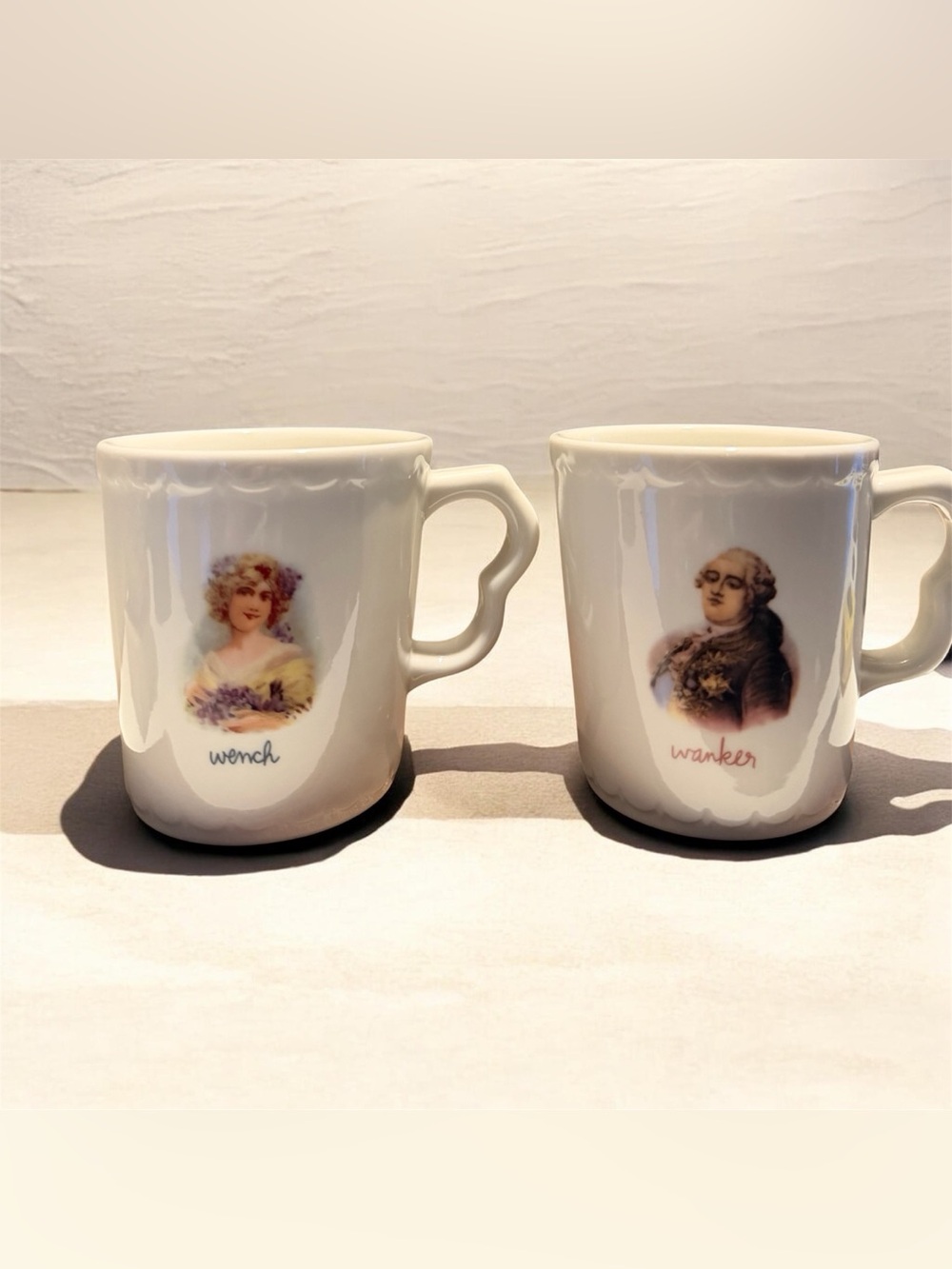 Fishs Eddy All in the Family Stoneware Mug Set Wrench & Wanker White